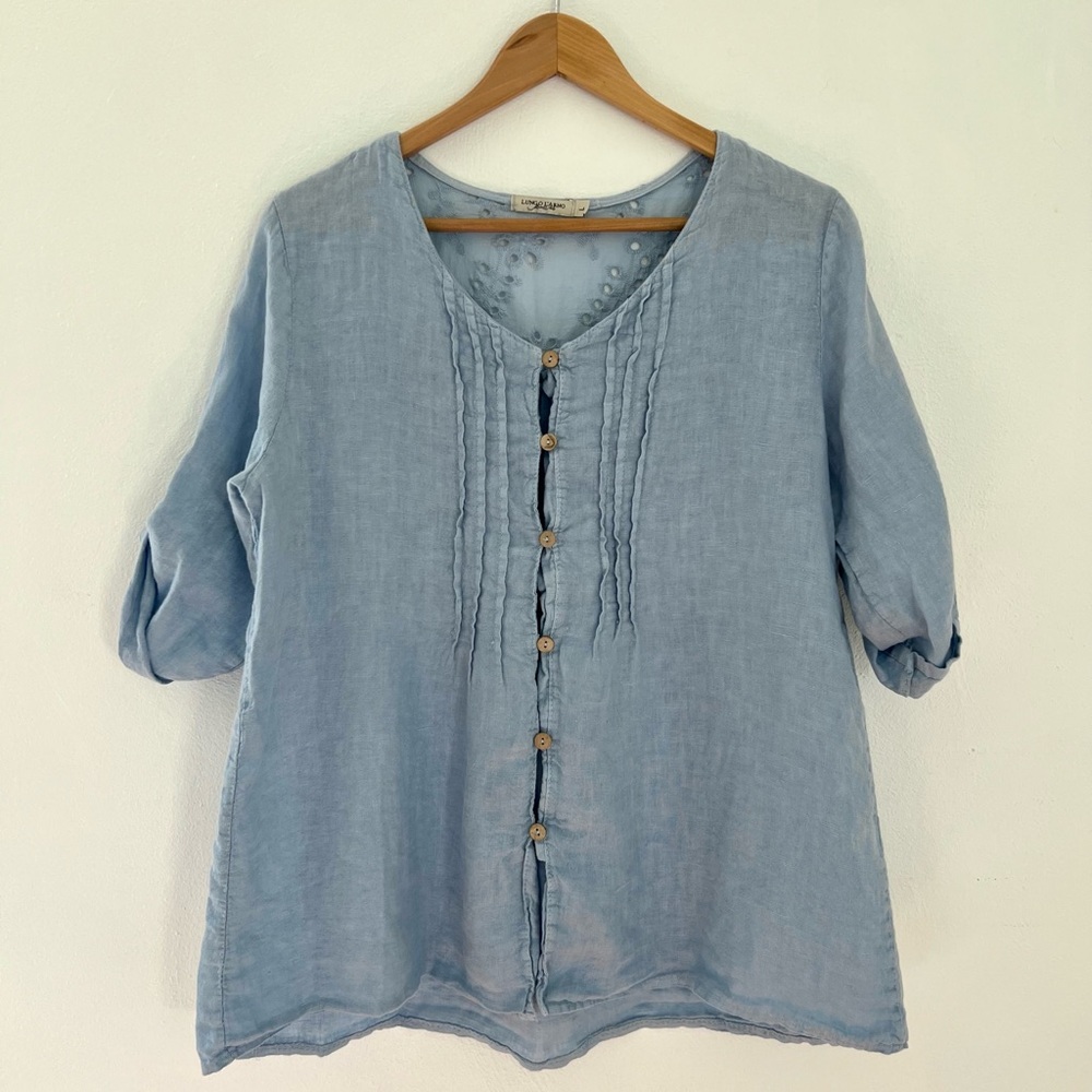 Light Blue Women's Linen Button-Front Blouse